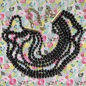 VINTAGE BETSEY JOHNSON Necklace Beaded Black and White Multi Stranded Glass Gold